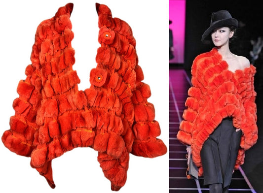 F/W 2012 Giorgio Armani Runway Red Orange Fur & Silk Coat Poncho Jacket