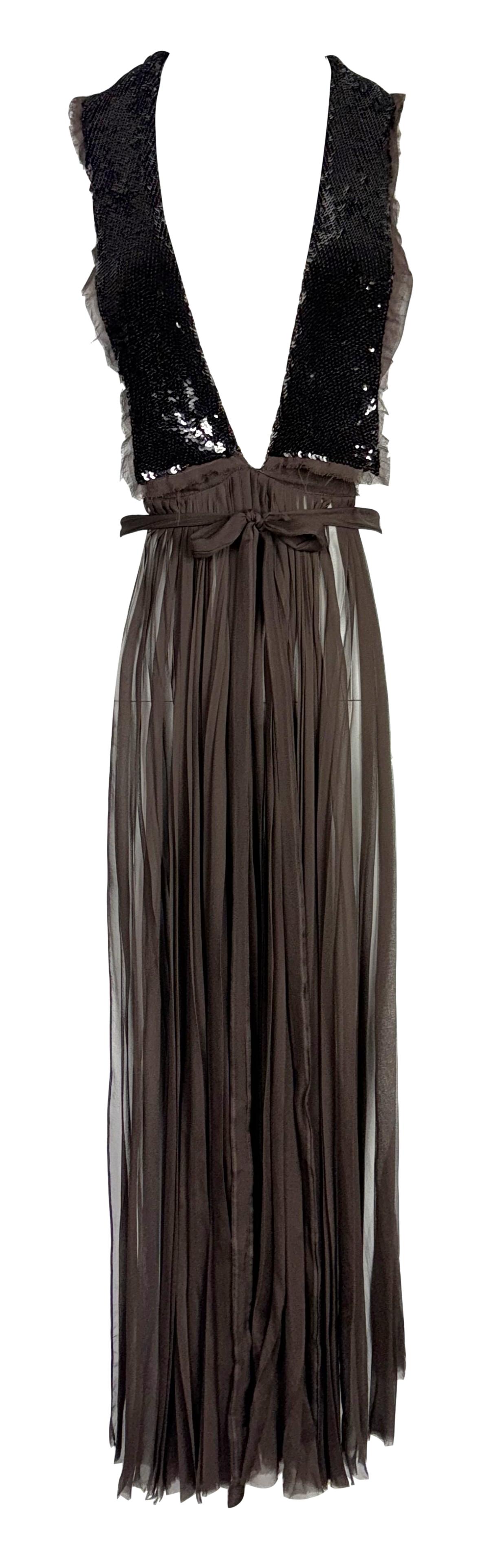 NWT 2013 Dsquared2 Plunging Sheer Brown Silk Sequin Embellished Apron Side Cut-Out Dress
