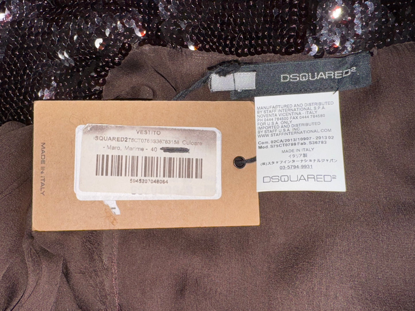 NWT 2013 Dsquared2 Plunging Sheer Brown Silk Sequin Embellished Apron Side Cut-Out Dress