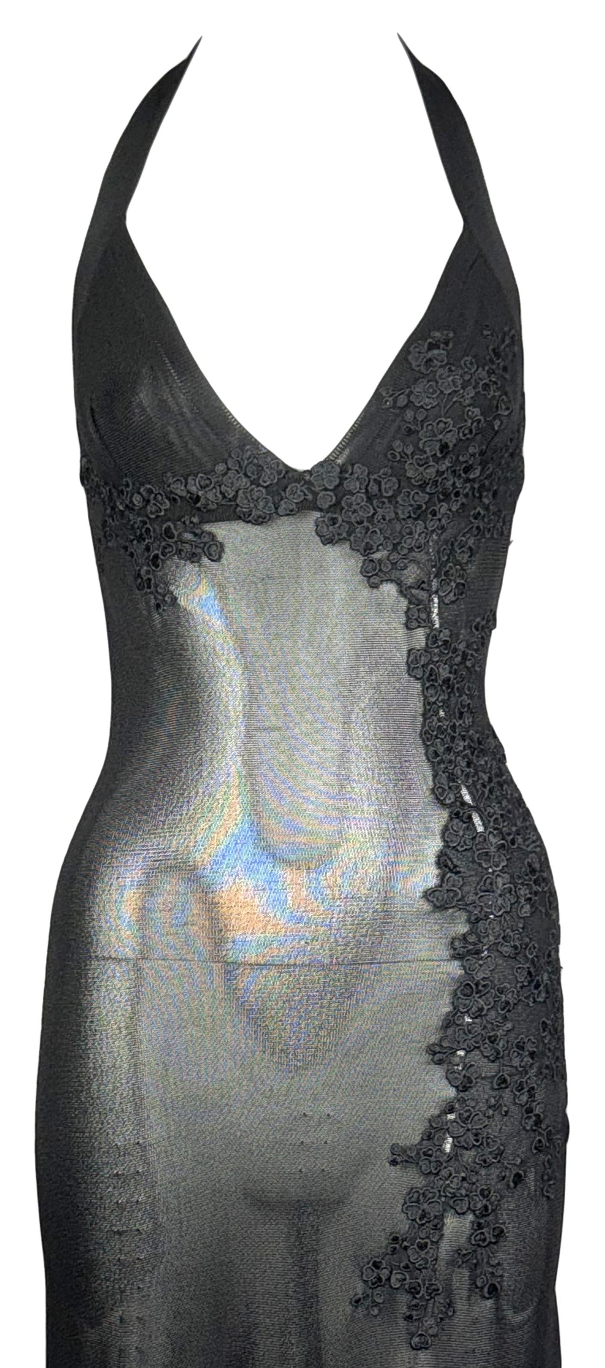 2015 Dsquared² Sheer Black Plunging Floral Tattoo Embroidered Extra Long Halter Gown Dress w Train