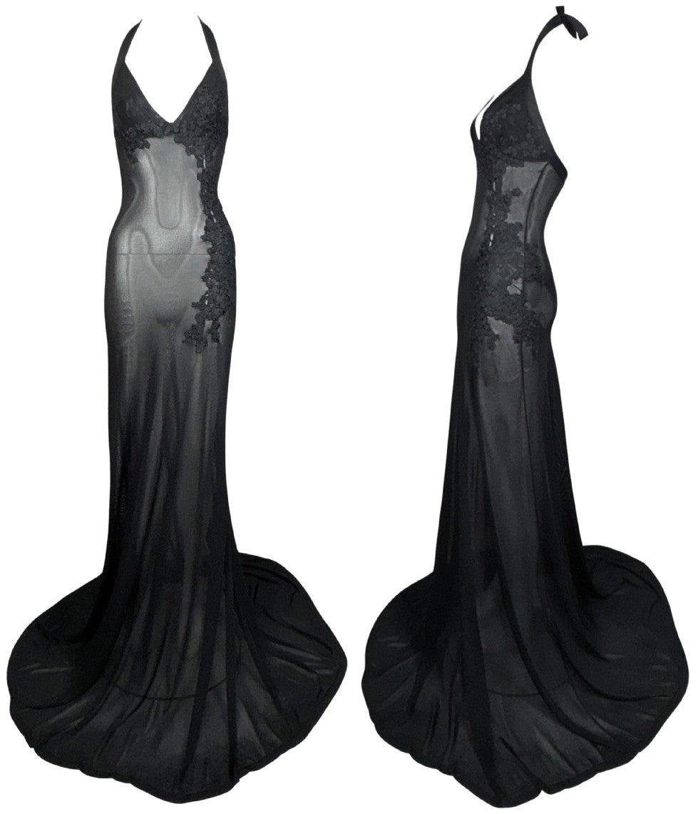 2015 Dsquared² Sheer Black Plunging Floral Tattoo Embroidered Extra Long Halter Gown Dress w Train