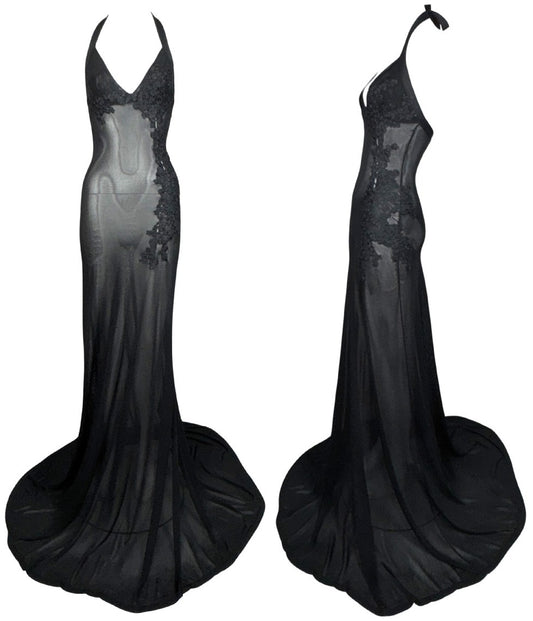 2015 Dsquared² Sheer Black Plunging Floral Tattoo Embroidered Extra Long Halter Gown Dress w Train