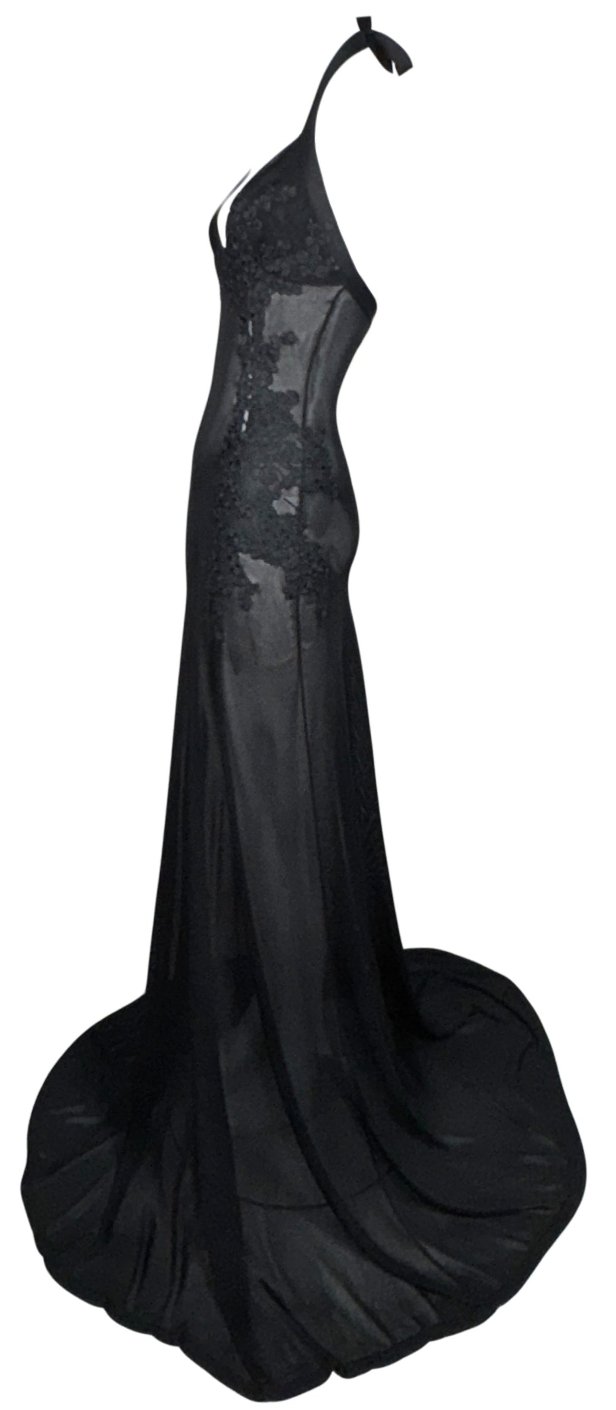 2015 Dsquared² Sheer Black Plunging Floral Tattoo Embroidered Extra Long Halter Gown Dress w Train
