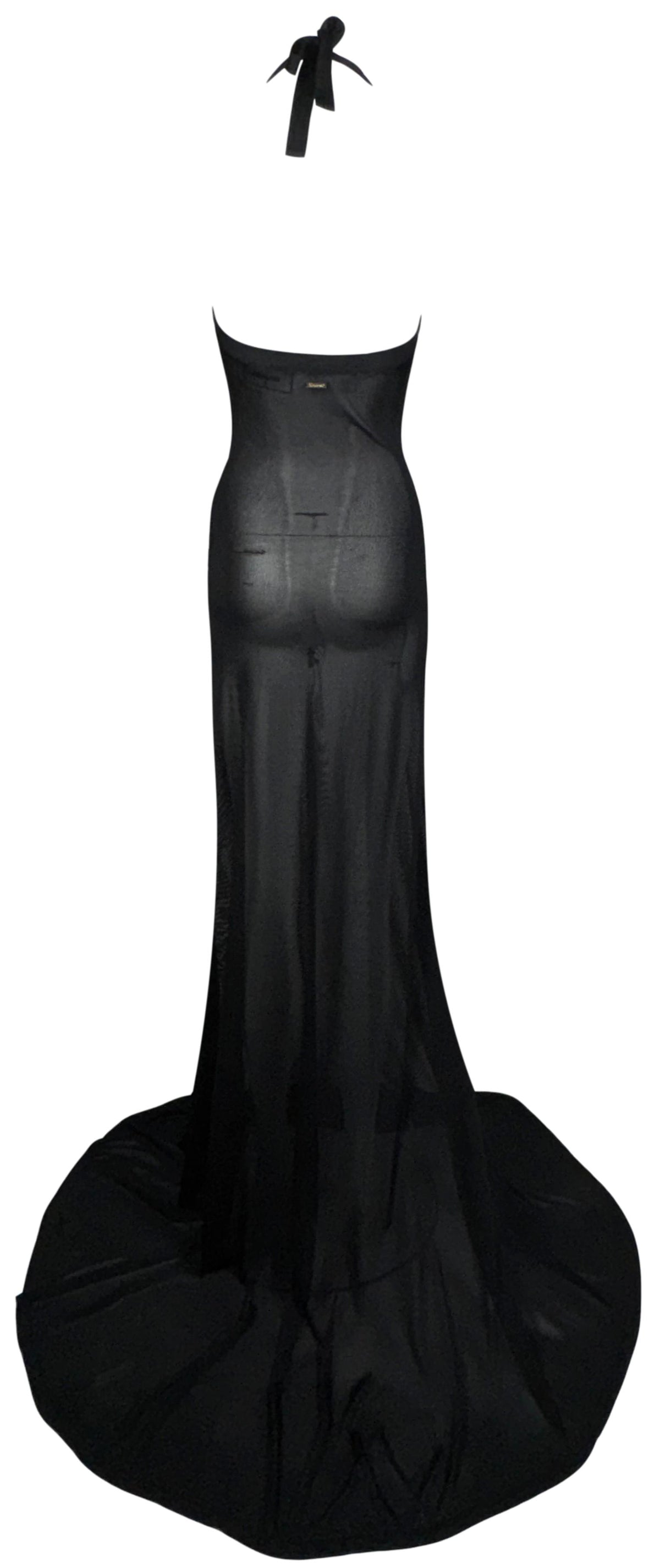 2015 Dsquared² Sheer Black Plunging Floral Tattoo Embroidered Extra Long Halter Gown Dress w Train