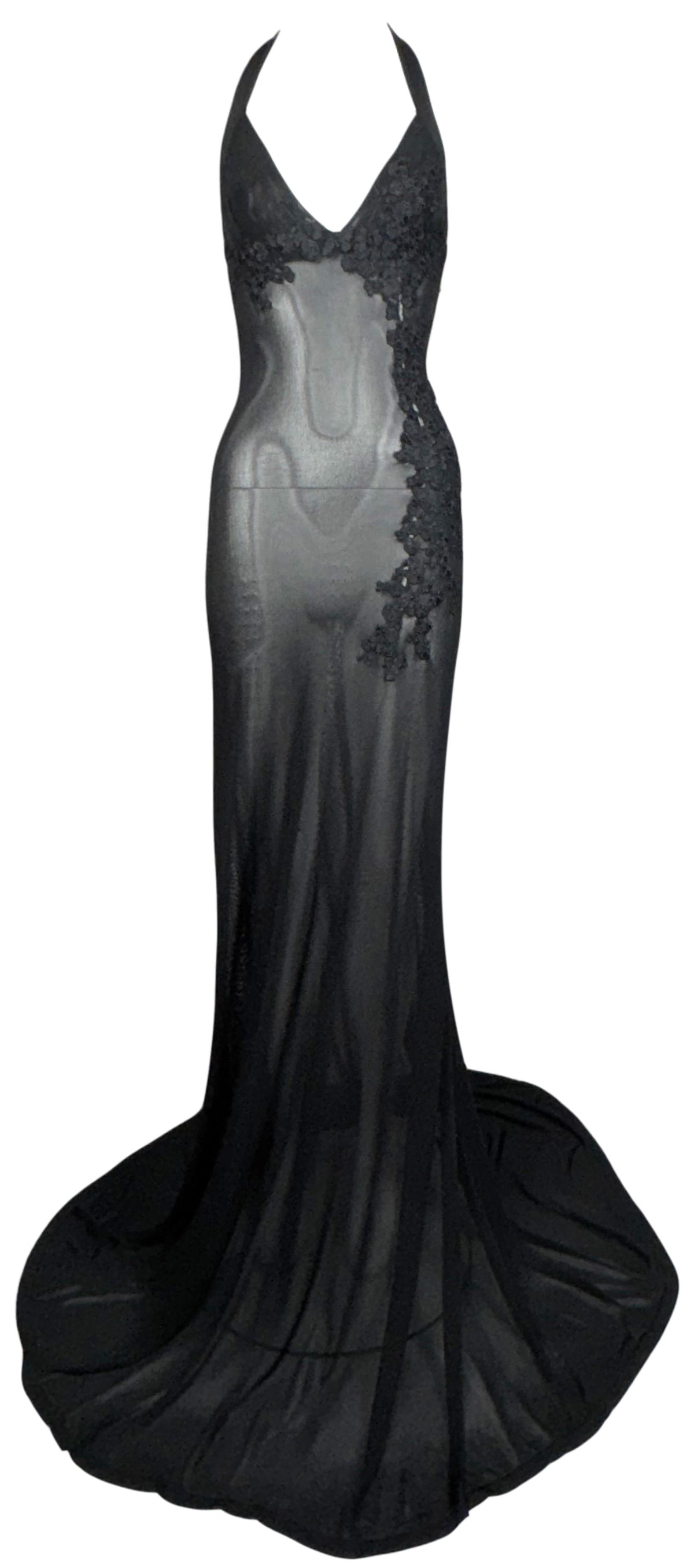 2015 Dsquared² Sheer Black Plunging Floral Tattoo Embroidered Extra Long Halter Gown Dress w Train