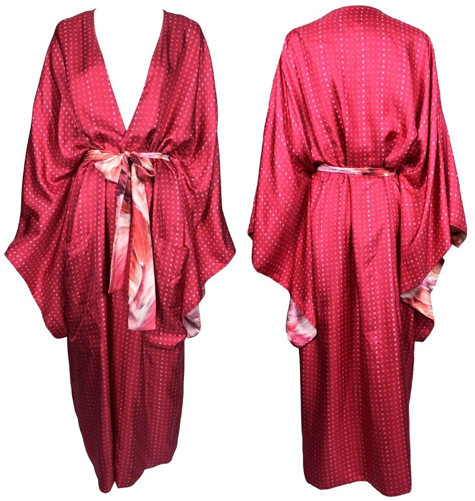 S/S 2024 Roberto Cavalli Runway Pink Feather Print & Polka Dot Reversible Silk Kimono Coat Dress