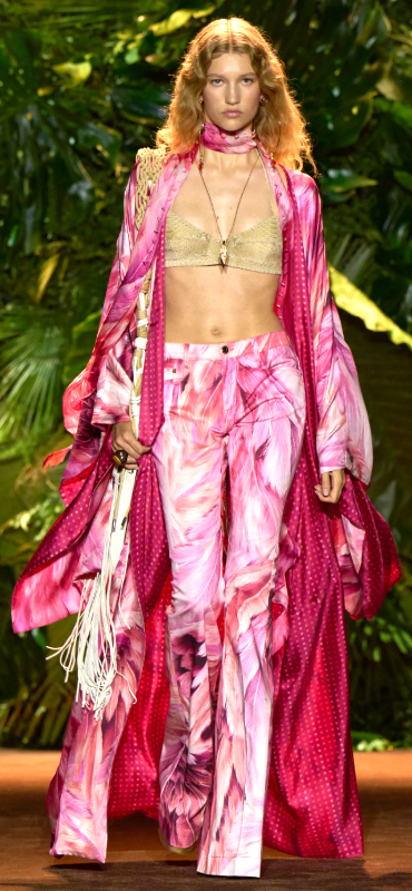 S/S 2024 Roberto Cavalli Runway Pink Feather Print & Polka Dot Reversible Silk Kimono Coat Dress