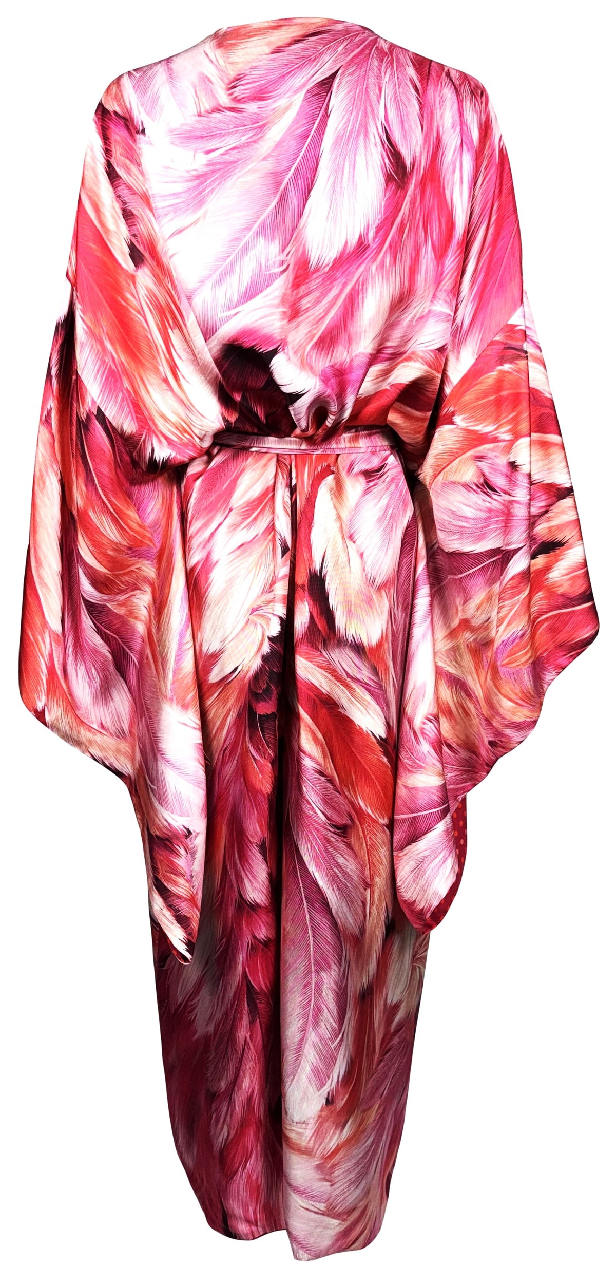 S/S 2024 Roberto Cavalli Runway Pink Feather Print & Polka Dot Reversible Silk Kimono Coat Dress