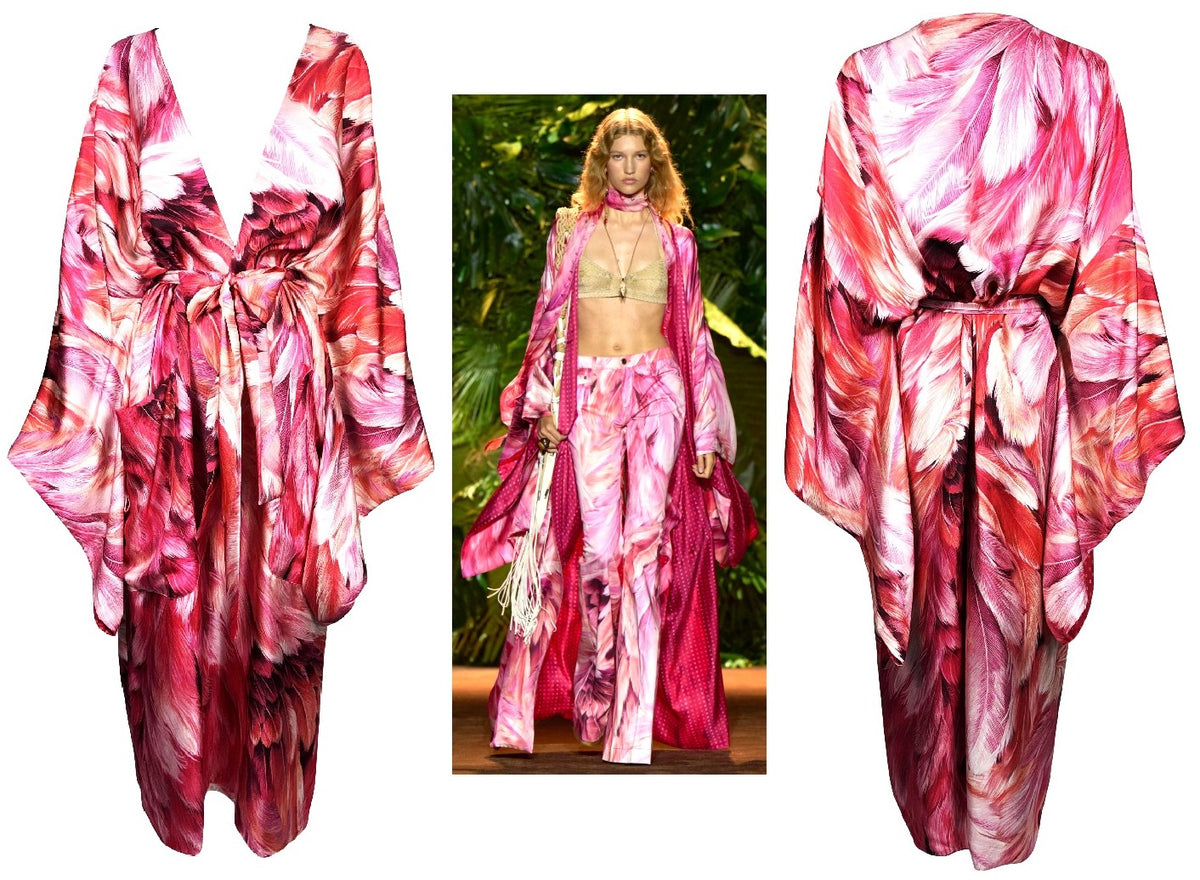 S/S 2024 Roberto Cavalli Runway Pink Feather Print & Polka Dot Reversible Silk Kimono Coat Dress