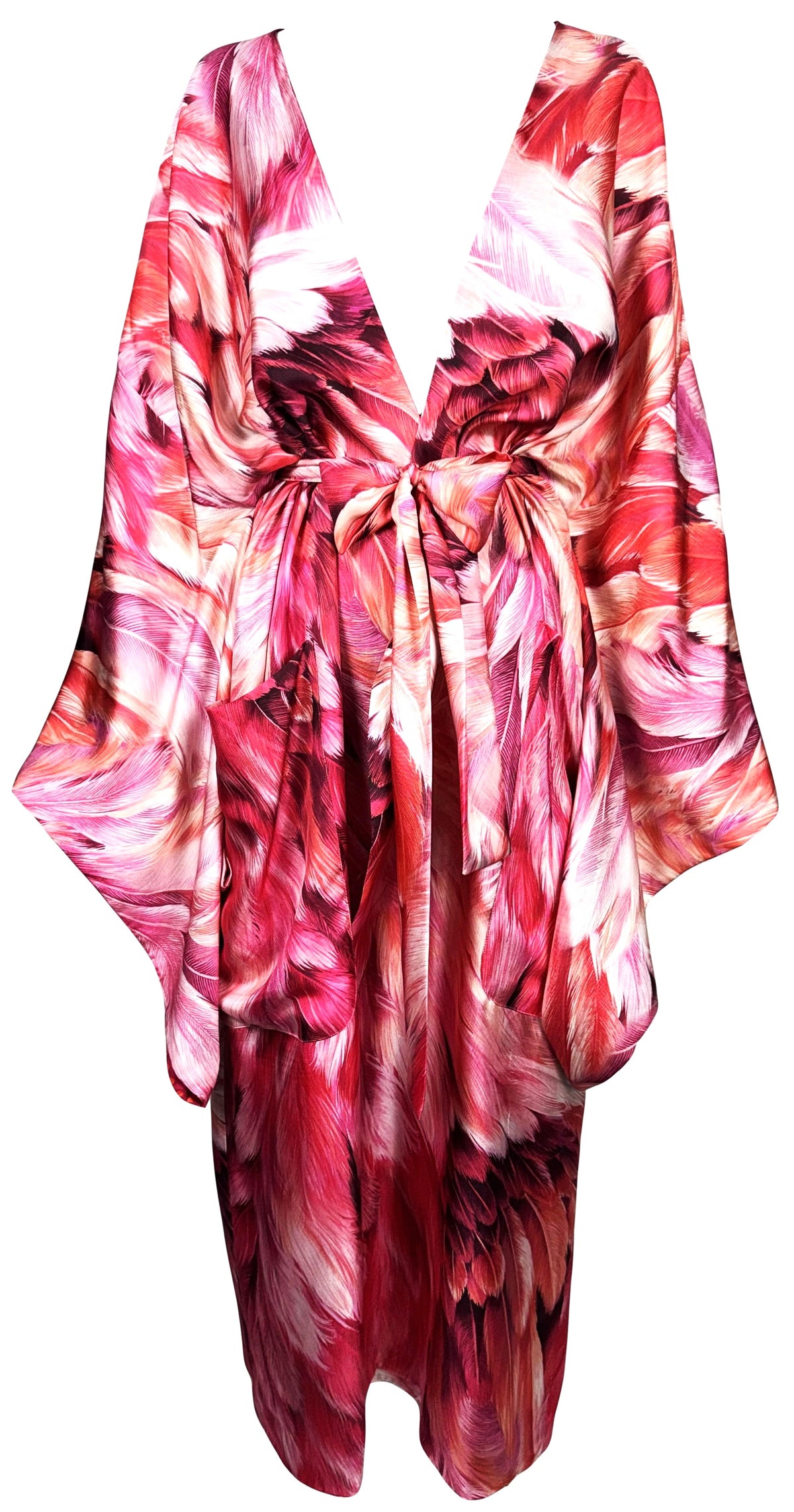 S/S 2024 Roberto Cavalli Runway Pink Feather Print & Polka Dot Reversible Silk Kimono Coat Dress