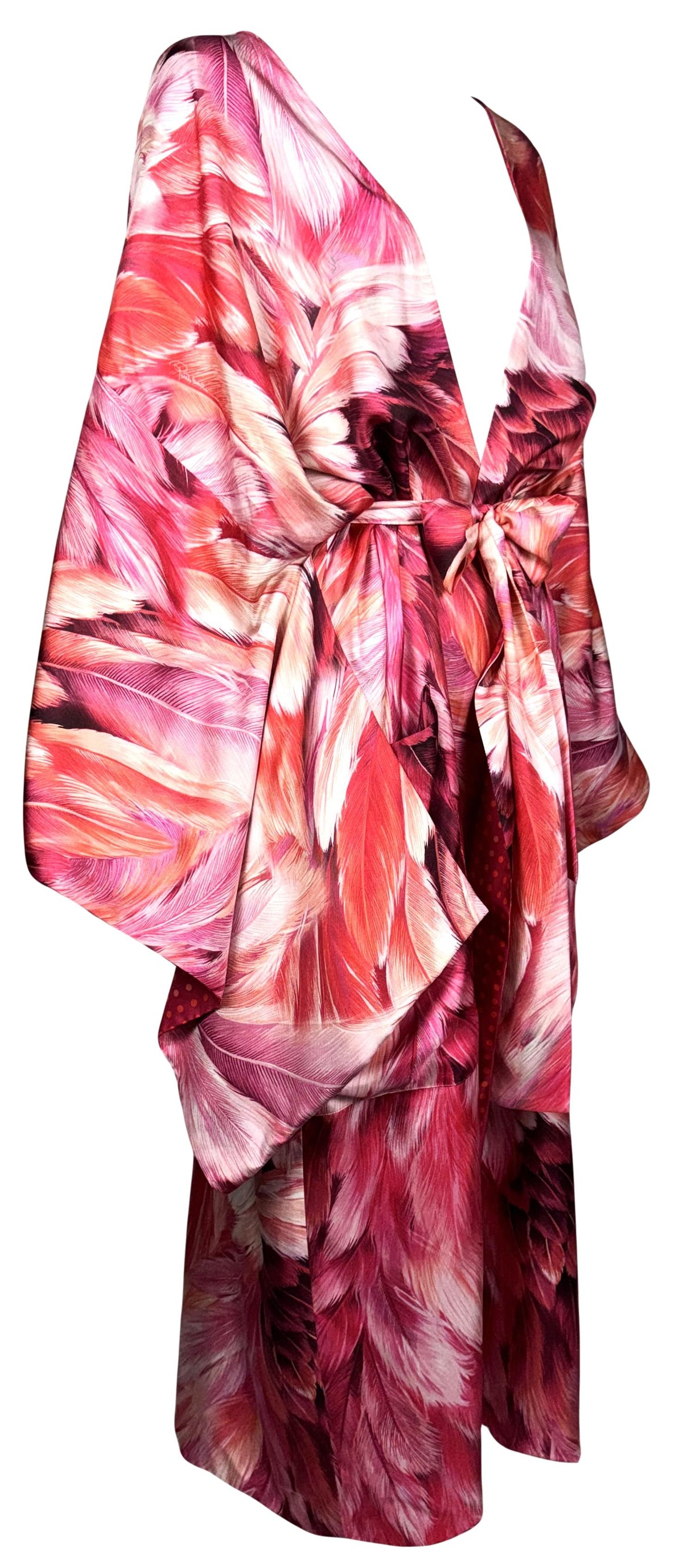 S/S 2024 Roberto Cavalli Runway Pink Feather Print & Polka Dot Reversible Silk Kimono Coat Dress