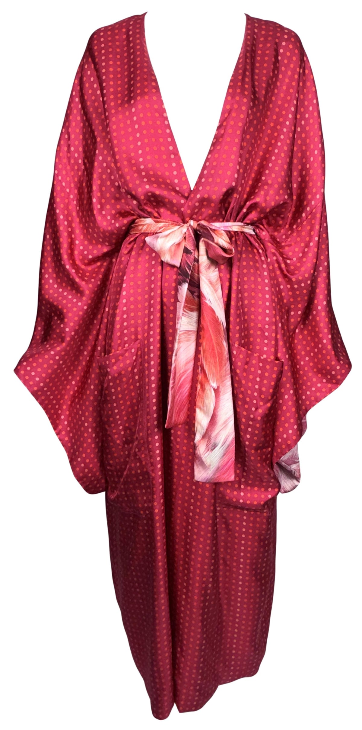 S/S 2024 Roberto Cavalli Runway Pink Feather Print & Polka Dot Reversible Silk Kimono Coat Dress