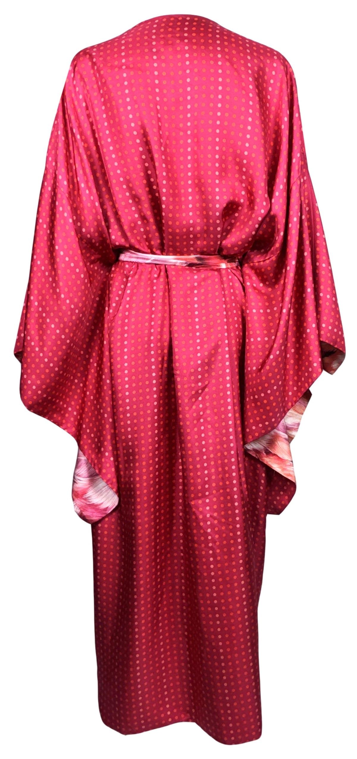 S/S 2024 Roberto Cavalli Runway Pink Feather Print & Polka Dot Reversible Silk Kimono Coat Dress