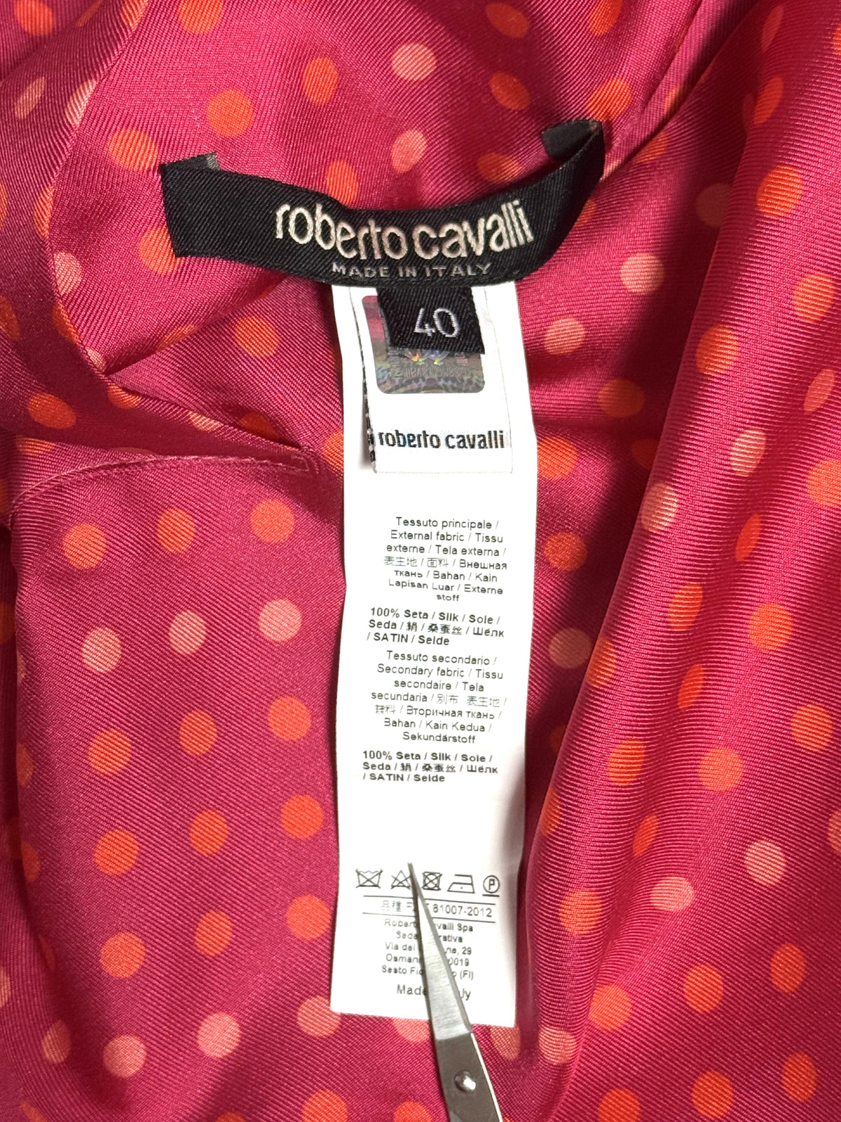 S/S 2024 Roberto Cavalli Runway Pink Feather Print & Polka Dot Reversible Silk Kimono Coat Dress