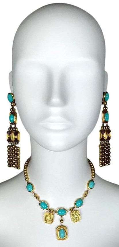 C. 2003 Christian Dior by John Galliano Large Egyptian Gold & Turquoise Earrings & Necklace