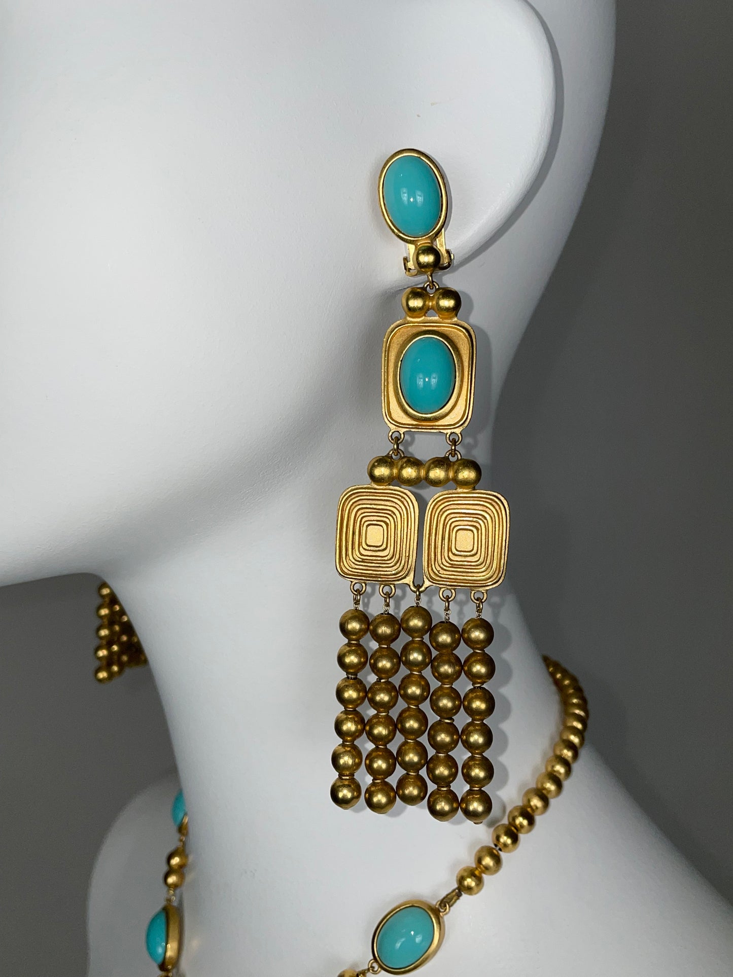 C. 2003 Christian Dior by John Galliano Large Egyptian Gold & Turquoise Earrings & Necklace