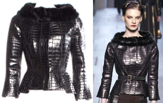 F/W 2005 Louis Vuitton x Marc Jacobs Runway Black Crocodile Alligator & Mink Fur 1950's Pin-Up Style Jacket