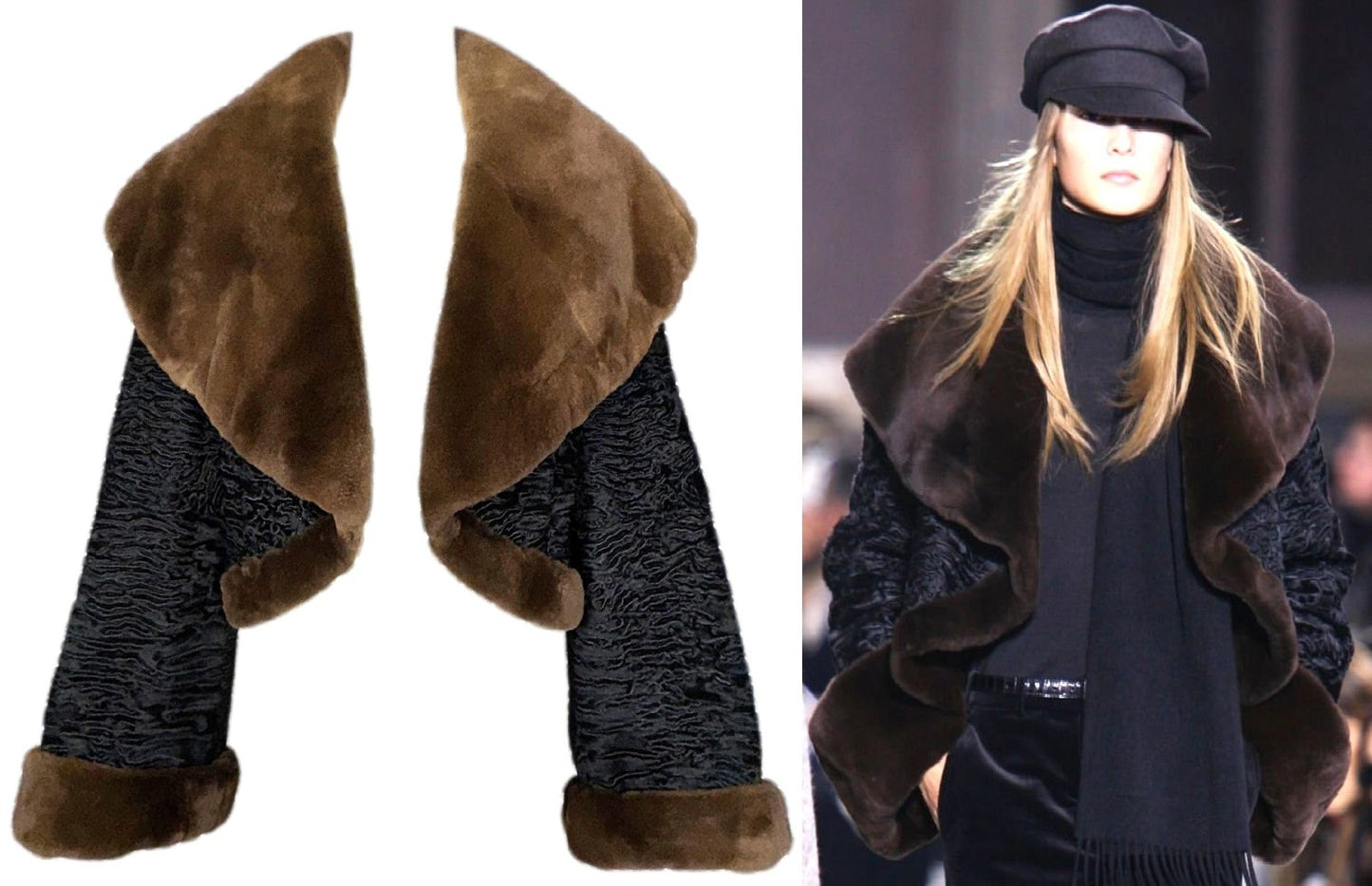 F/W 2005 Hermès by Jean Paul Gaultier Runway Black Lamb & Sheared Mink Fur Bell Sleeve Cropped Coat Jacket