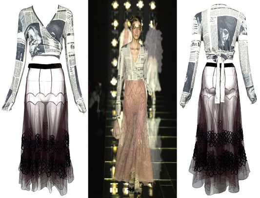 F/W 2000 Christian Dior x John Galliano Runway News Print Wrap Cashmere Crop Top & Sheer Tulle Ballerina Maxi Skirt Set