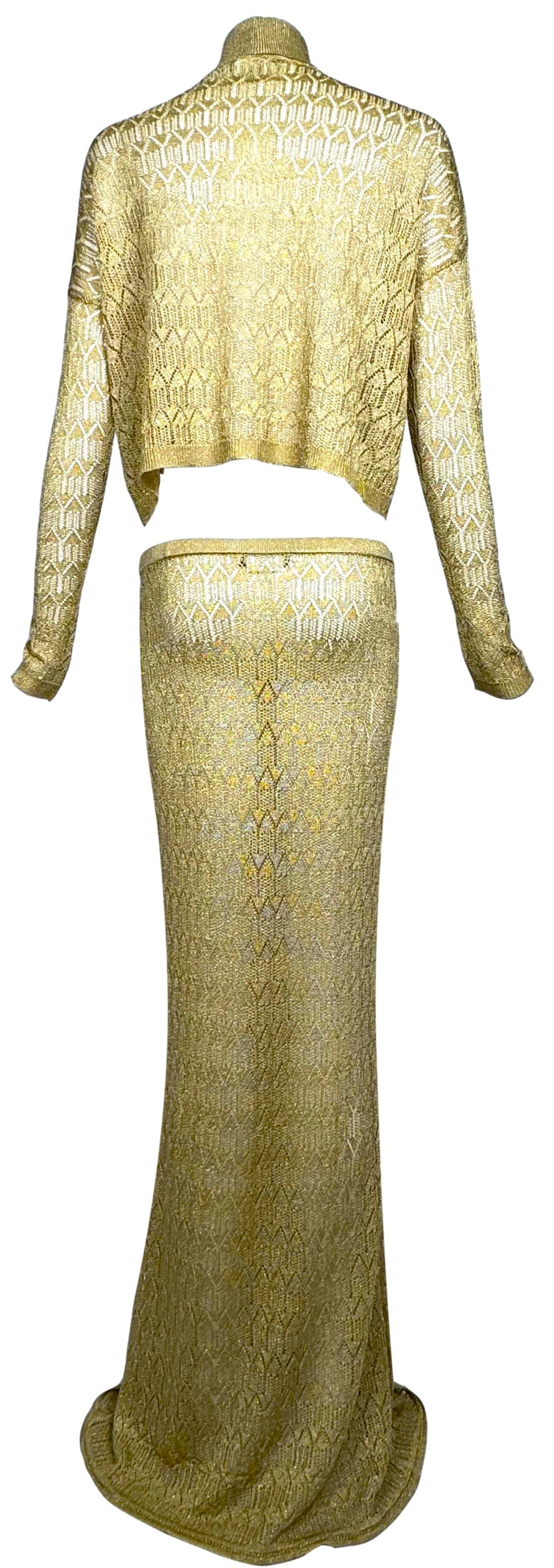 F/W 2000 Christian Dior by John Galliano Gold Knit L/S Crop Top & Mermaid Maxi Skirt Set