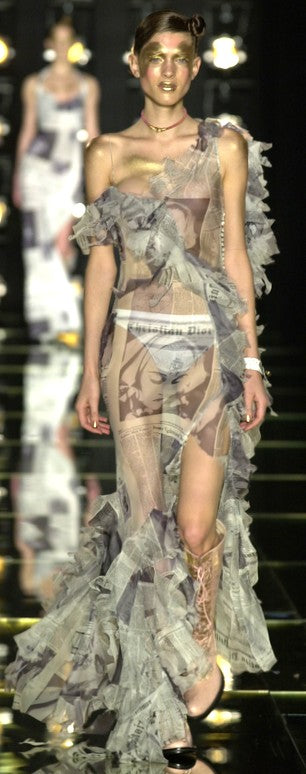 F/W 2000 Christian Dior x John Galliano Runway Brown & Gold Ruffle Maxi Dress w Long Sash