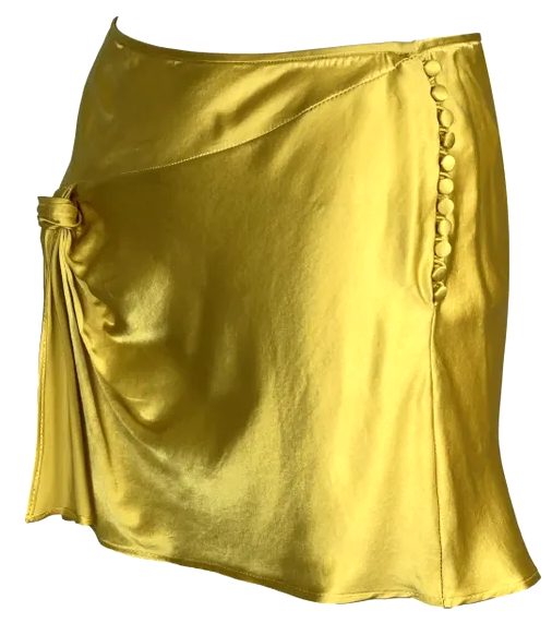 S/S 2004 Christian Dior by John Galliano 1940's Style Gold Satin Ruched Slit Mini Skirt