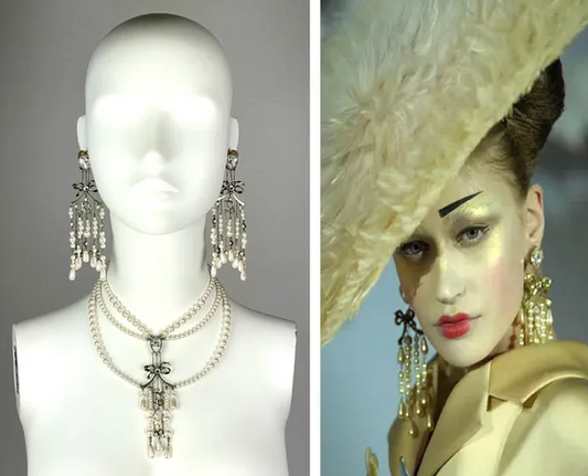 S/S 2007 Christian Dior by John Galliano Haute Couture Runway Large Gold Pearl Bow Chandelier Earrings & Necklace Set