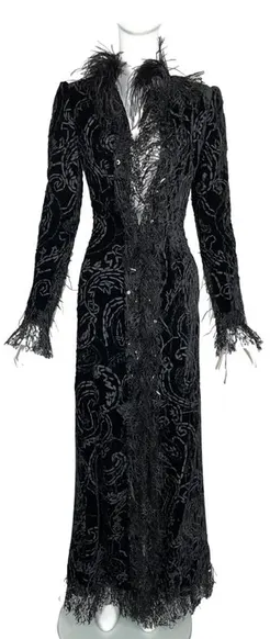 NWT F/W 2004 Oscar de la Renta Runway Black Goth Princess Lace & Feathers Maxi Coat Dress