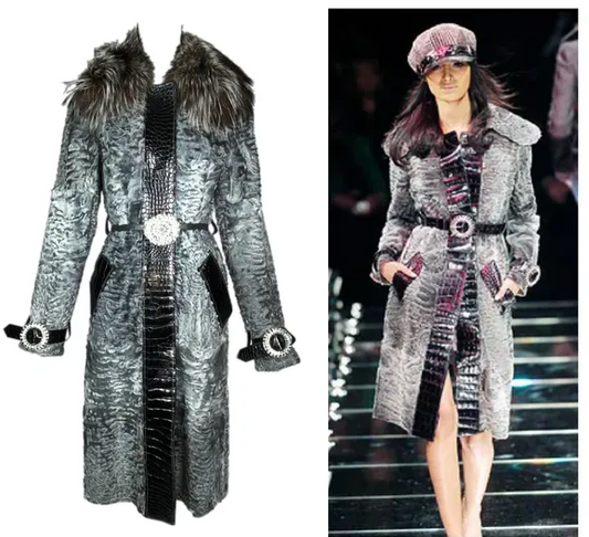 F/W 2005 Dolce & Gabbana Runway Silver Broadtail Fox Fur & Crocodile Long Crystal Coat