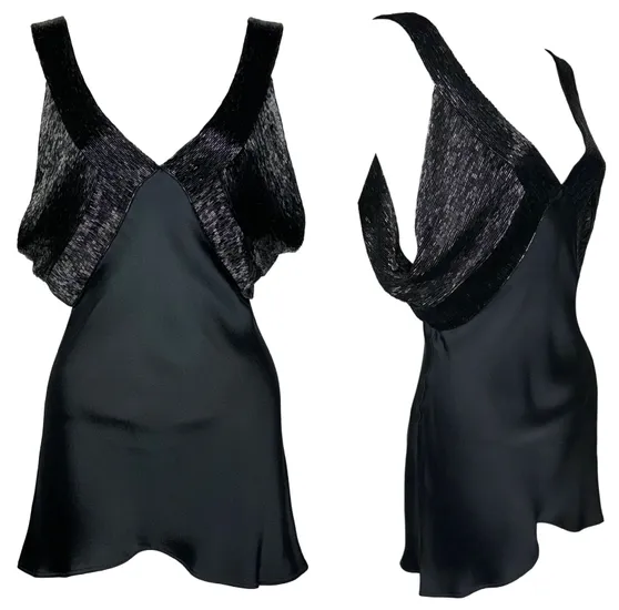 F/W 2001 Christian Dior by John Galliano Black Beaded Plunging 20's Style Micro Mini Dress