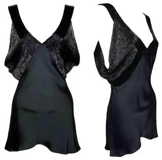 F/W 2001 Christian Dior by John Galliano Black Beaded Plunging 20's Style Micro Mini Dress