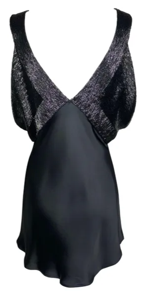 F/W 2001 Christian Dior by John Galliano Black Beaded Plunging 20's Style Micro Mini Dress