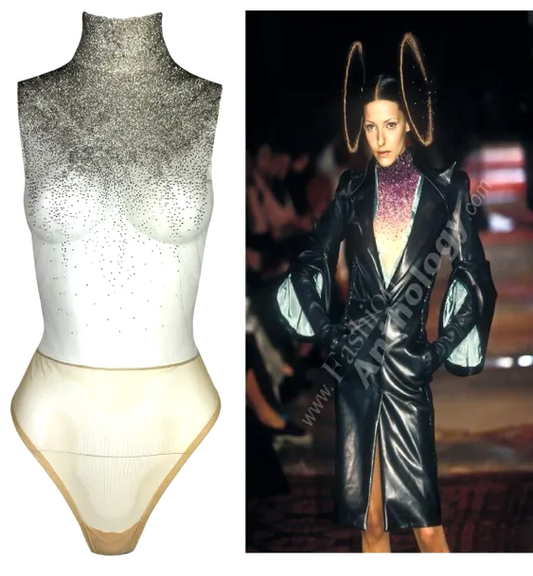 F/W 1997 Givenchy Haute Couture by Alexander McQueen Runway Sheer Nude Crystal Beaded Bodysuit Top