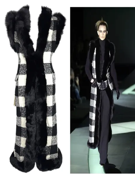 NWT F/W 2001 Valentino Runway Black & White Runway Plaid Fox Fur Long Vest Coat
