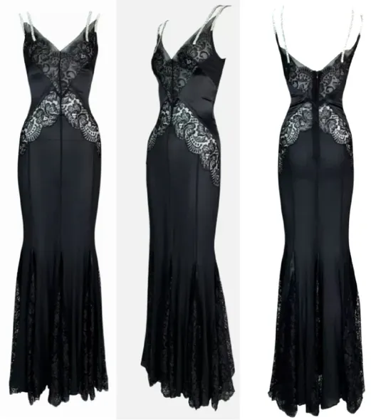 F/W 2004 Dolce & Gabbana Sheer Black Lace & Silk Crystal Straps Mermaid Gown Dress