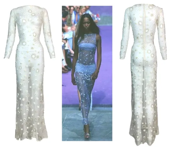 S/S 1999 Atelier Versace Couture Runway Sheer Ivory Mesh Crystal Embellished Gown Dress