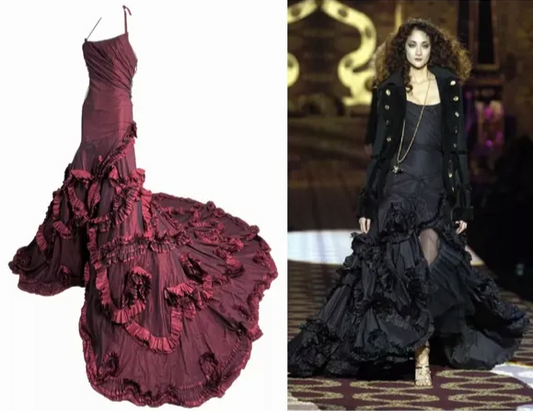 F/W 2004 Roberto Cavalli Runway Burgundy Flamenco Ball Gown Dress w Train
