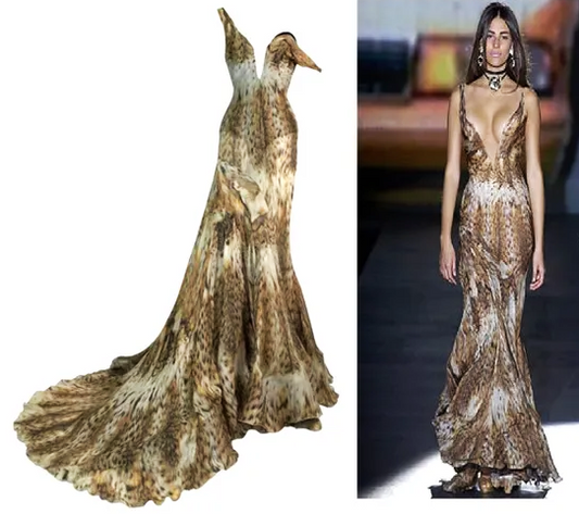 F/W 2003 Roberto Cavalli Runway Sheer Leopard Off Shoulder Bustier Gown Dress w Train