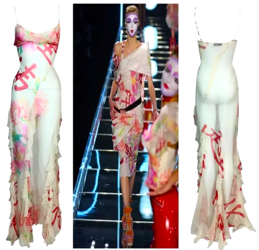 F/W 2003 Christian Dior by John Galliano Sheer Ivory Silk Japanese Print Ruffle Gown Dress