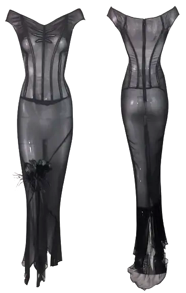 F/W 1997 Dolce & Gabbana Runway Sheer Black Off Shoulder Feather Gown Dress