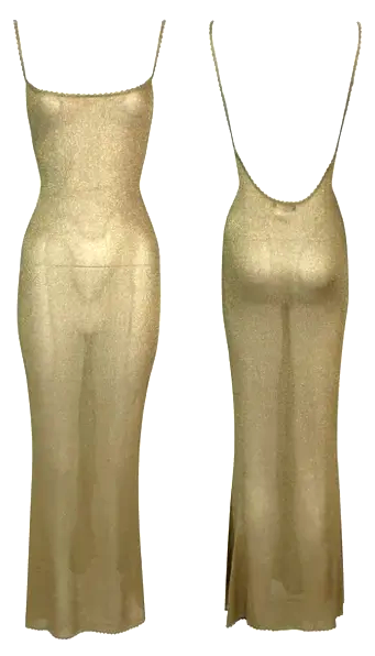 Vintage F/W 1999 Christian Dior by John Galliano Sheer Gold Knit Backless Mermaid Maxi Dress