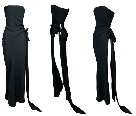 S/S 1998 Christian Dior by John Galliano Strapless Black High Slit Bow Dress