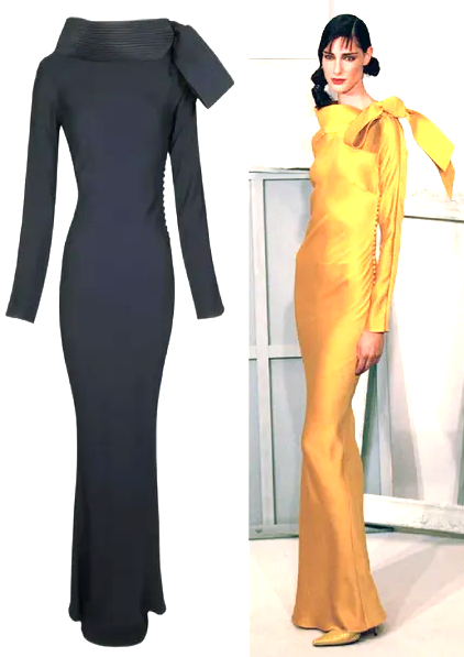 F/W 1999 Christian Dior by John Galliano Runway Wide Neck Bow L/S Black Mermaid Maxi Dress