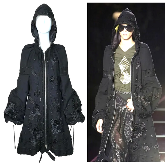 F/W 2001 Christian Dior by John Galliano Haute Couture Runway Black Embellished Baggy Hooded Coat