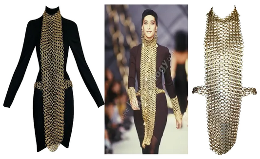 F/W 1990 Chanel by Karl Lagerfeld Runway Gold Body Chain Jewelry Necklace & Black Mini Dress Set