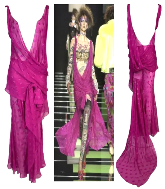 S/S 2004 Christian Dior by John Galliano Runway Sheer Hot Pink Polka Dot Plunging Dress w Train