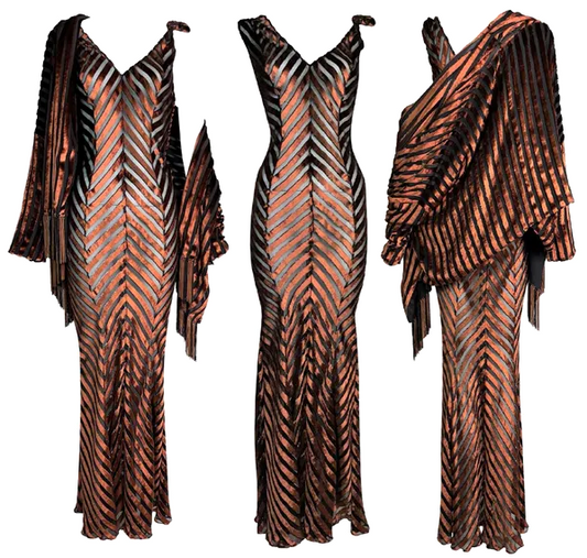 S/S 2000 Christian Dior by John Galliano Sheer Bronze Velvet Mermaid Maxi Dress & Jacket Set