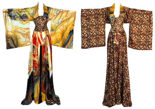 EXTREMELY RARE S/S 2003 Roberto Cavalli Extra Long Silk Reversible Kimono Dress Gown w Corset