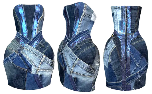 2000's Atelier Versace Couture Distressed Denim Chainmail Exaggerated Hips Strapless Mini Dress