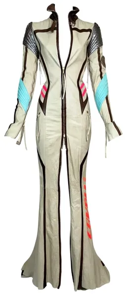 F/W 2003 Roberto Cavalli Runway Leather Moto Bodycon Mermaid Gown Dress w Train
